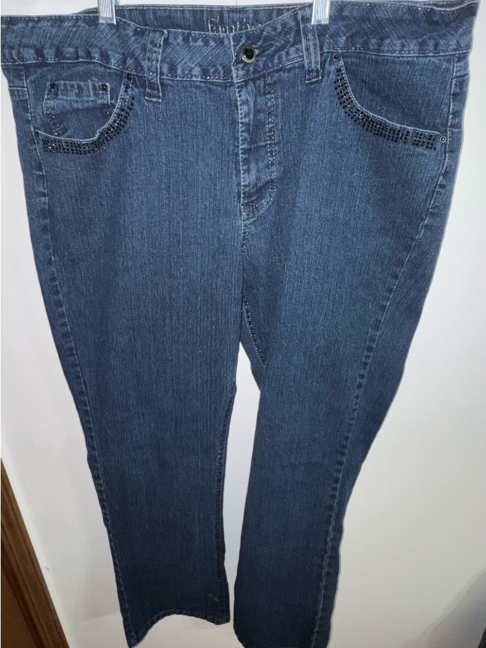 Women’s Dark Blue Bootcut Jeans with Pocket Embellishments